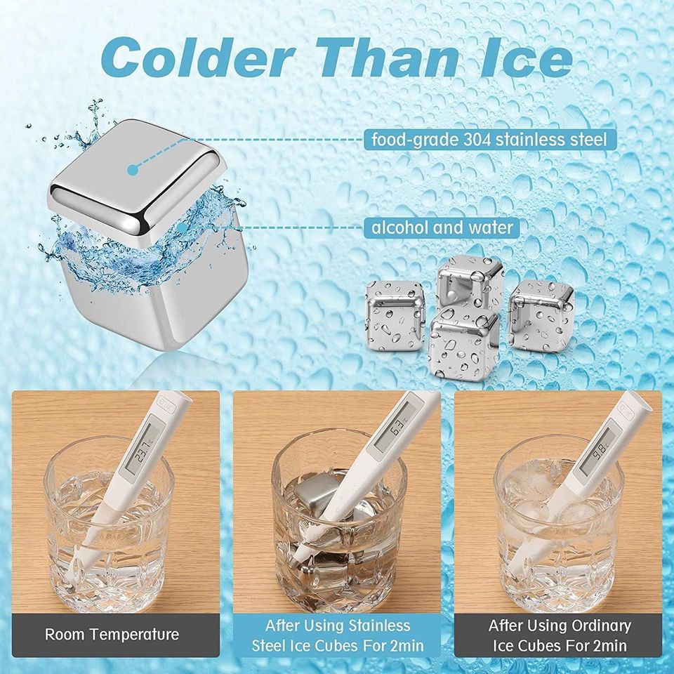 Reusable Stainless Steel Whisky Stones and Ice Cubes for Cooling Wine and Beverages