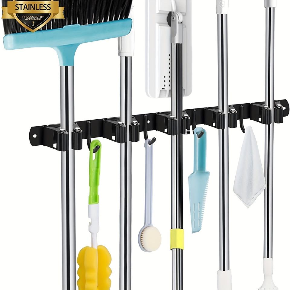 Multifunctional Wall-Mounted Mop Rack Heavy Duty Organizer with 5 Slots 4 Hooks Broom Mop Holder, Household Appliances