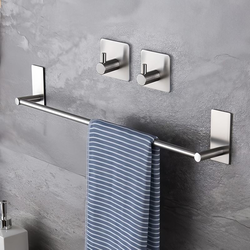 Stainless Steel Bathroom Hardware Set - Wall-Mounted Towel Holder with 2 Adhesive Hooks