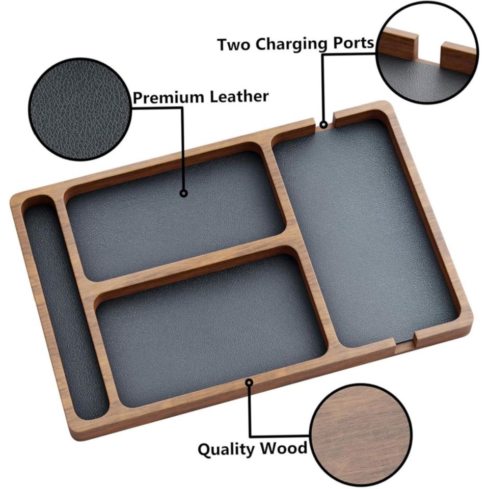 Elegant Durable Wood Drawer Organizer with Faux Leather Insert Multi-Compartment Desk Drawer Organizer for Keys Nightstand Storage Box