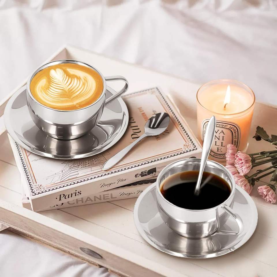 Modern Stainless Steel Espresso Cup Set with Durable Cup and Spoon