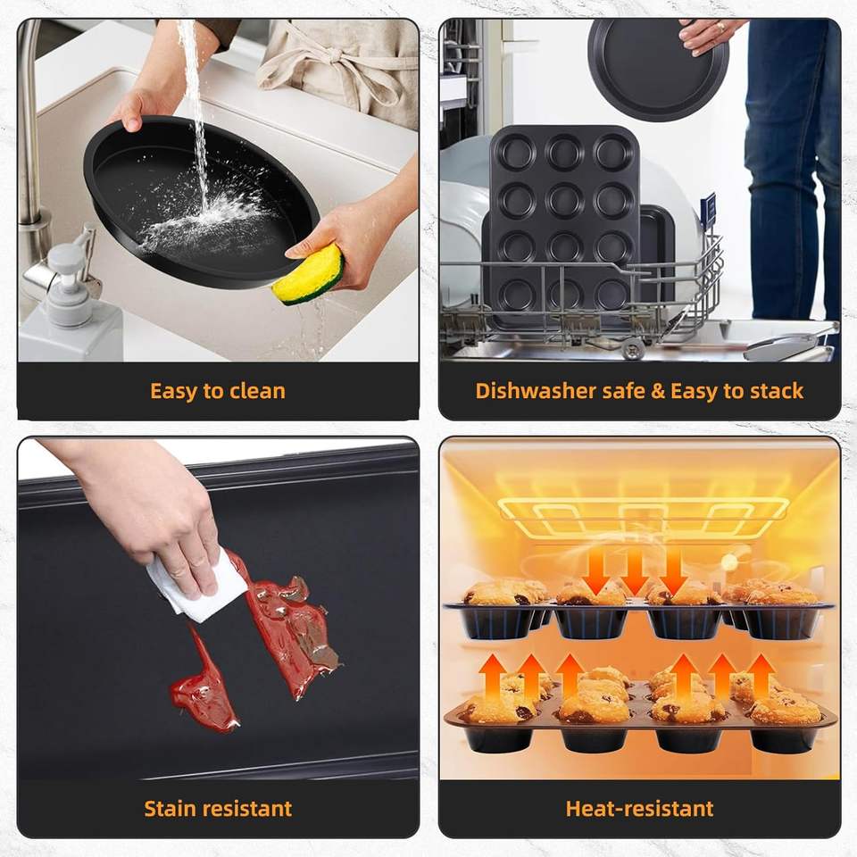 6-Piece Carbon Steel Non-Stick Baking Set with Parchment Paper, Cooling Rack, and Baking Pans for Cakes and Loaves