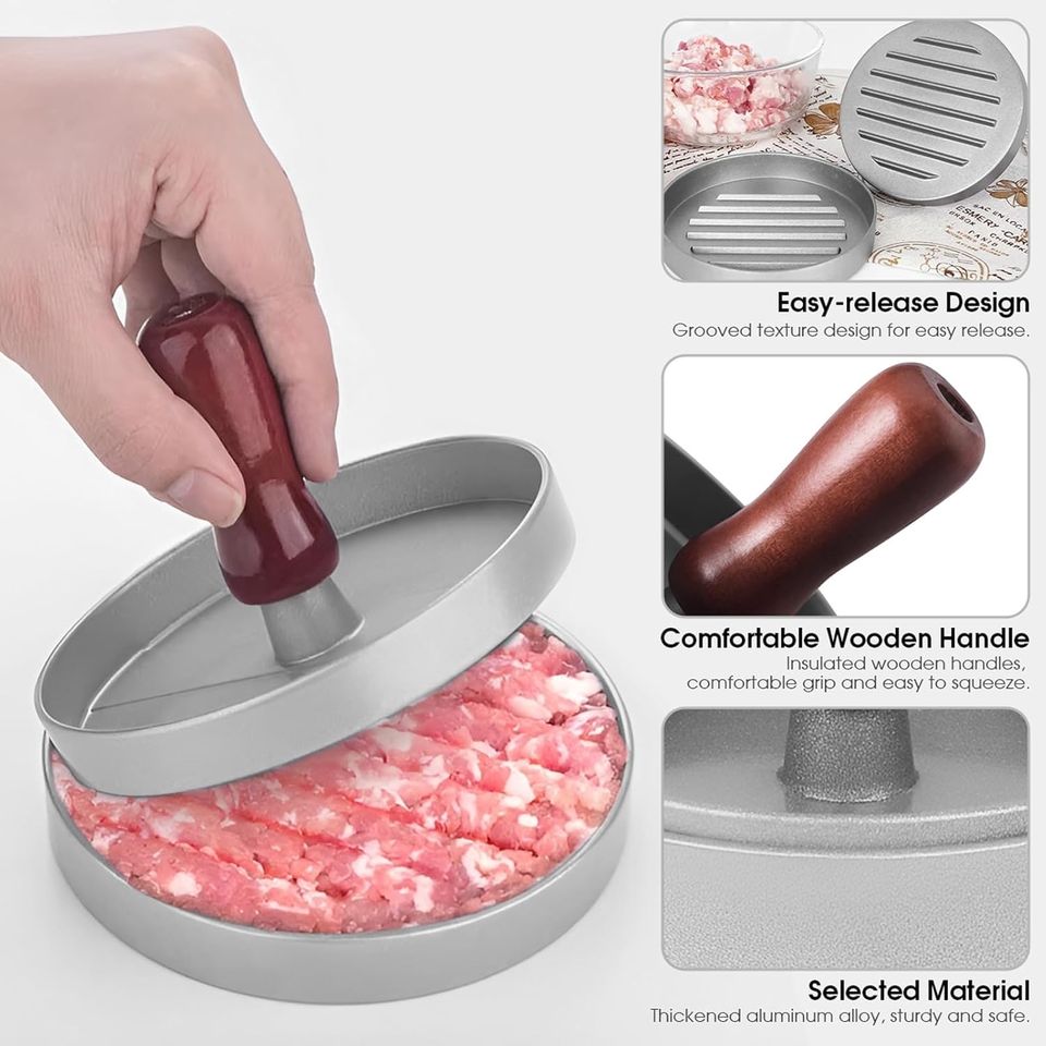 Aluminum Alloy Burger Press with Heat-Resistant Handle Hamburger Tool for BBQ Grill Plate Wooden Anti-Stick Meat Press