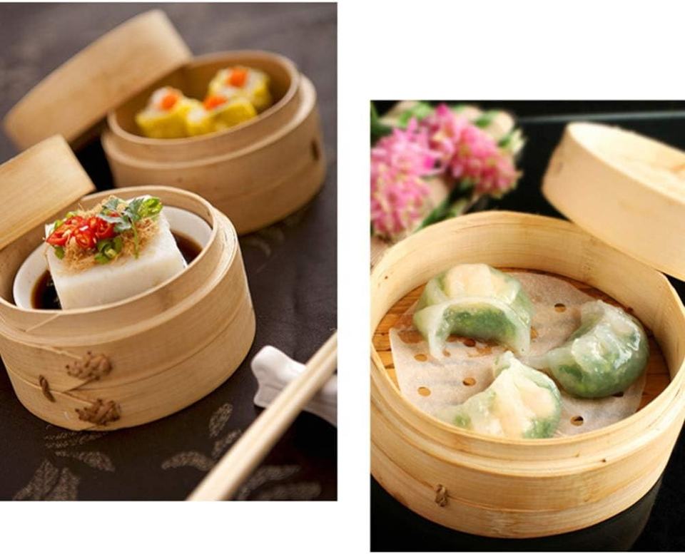 2-Tier Bambus Steamer Basket Set with Wood Base for Gas Stove Home Use Dumpling Food Steaming Asian Cuisine