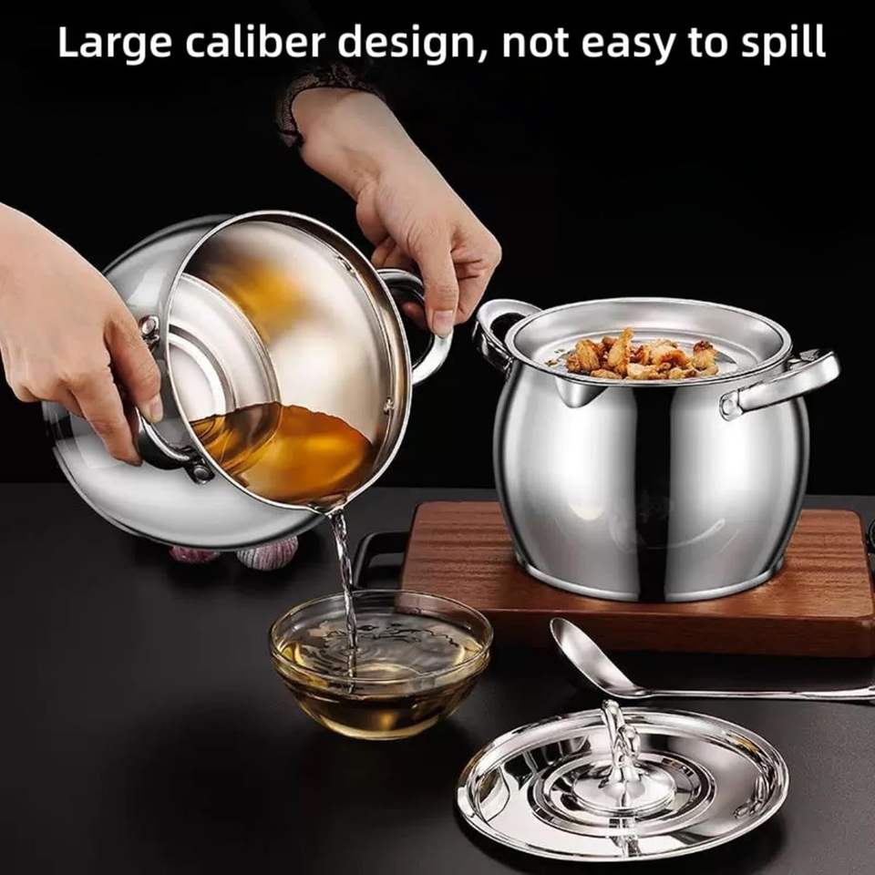 Stainless Steel Kitchen Sieve Pot with Large Capacity and Removable Fine Mesh, Double-Handled for Grease Bacon Fat Storage Slard Ghee