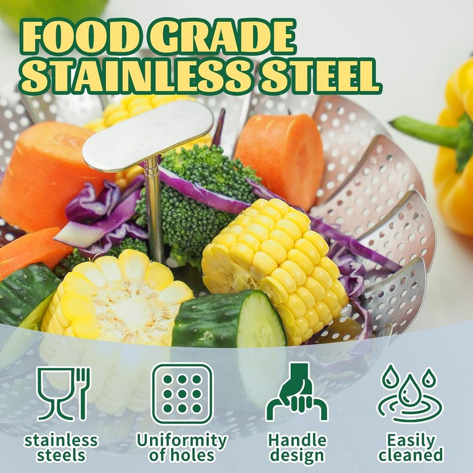 Collapsible Stainless Steel Steamer with Removable Handle for Pots