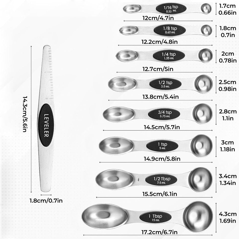 Double-Ended Magnetic Measuring Spoon Set, 9-Piece Black Handle Stainless Steel Dual-Sided Leveler for Cooking Baking
