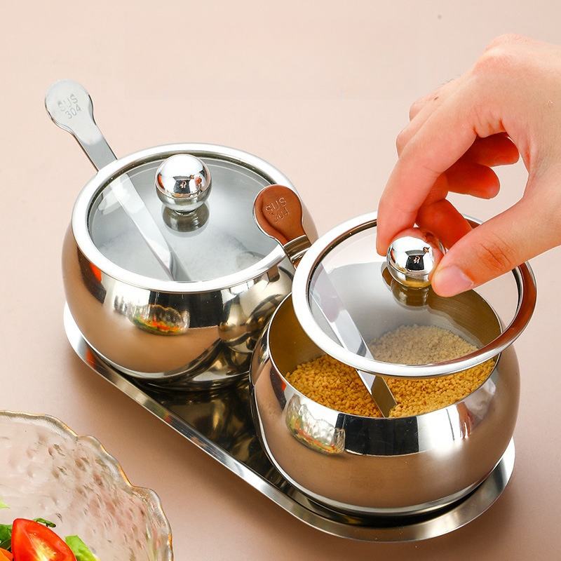 Stainless Steel Kitchen Spice Jar Set Salt Shaker Spice Dispenser Glass
