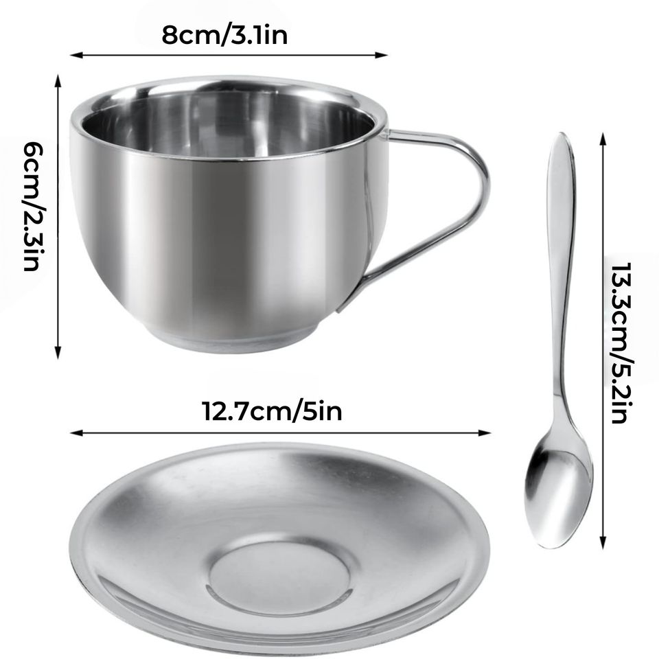Modern Stainless Steel Espresso Cup Set with Durable Cup and Spoon