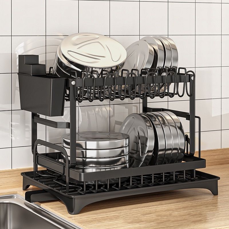 Kitchen Counter Dish Rack with Utensil Holder, Space-Saving 2-Tier Dish Drying Rack for Kitchen, Large Capacity