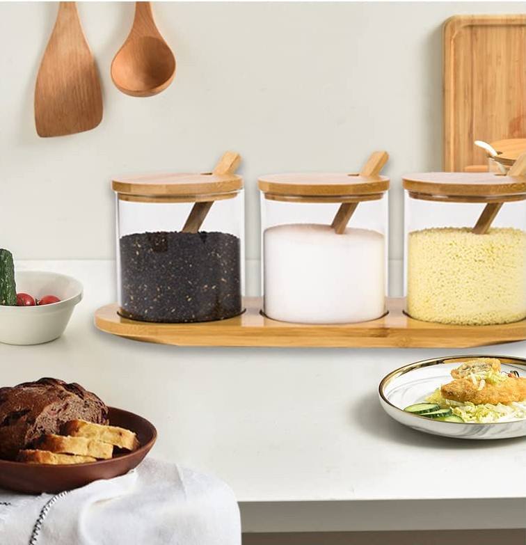 Spice Glass Kitchen Set with Lid Salt and Pepper Containers Food Storage Box with Spoons