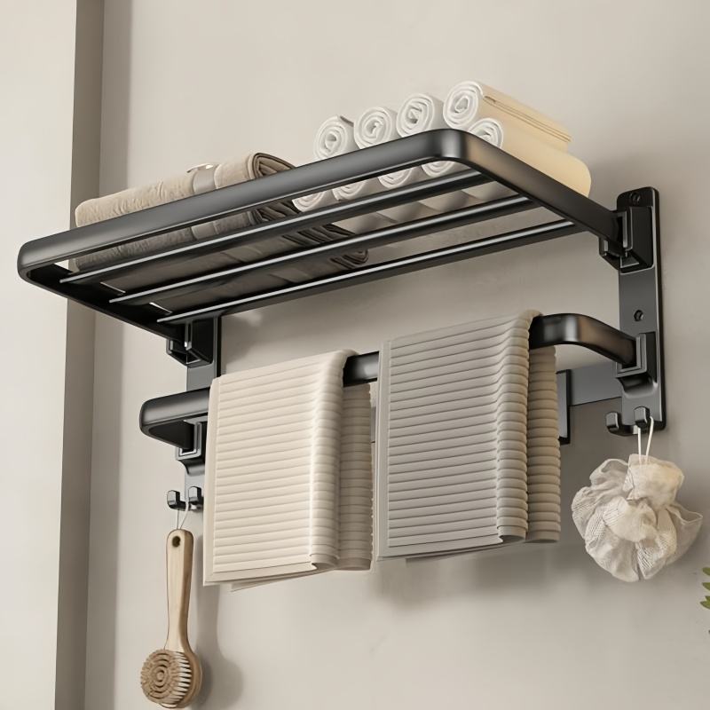 Foldable Bathroom Shelf with Hooks for Towel Storage Organization