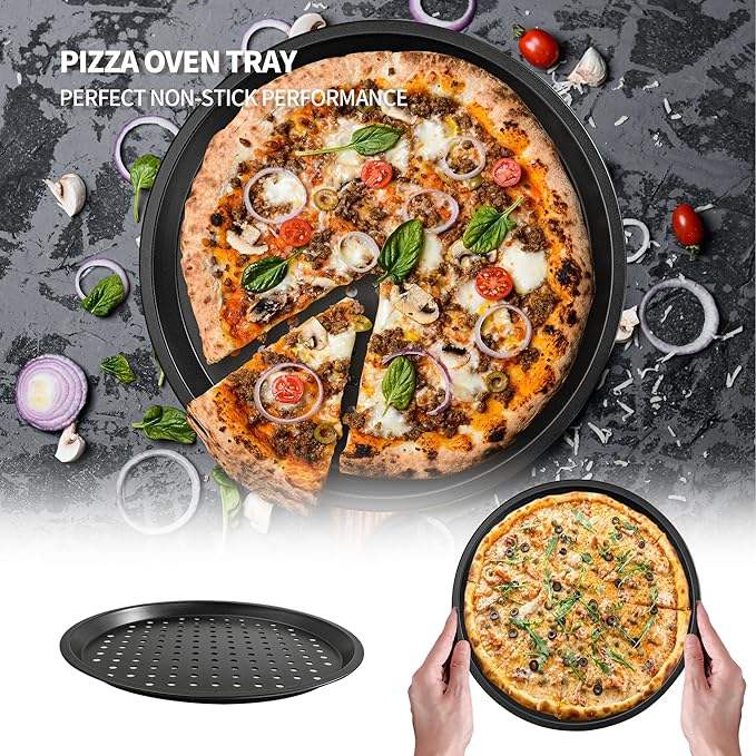 Perforated Carbon Steel Non-Stick Pizza Pan with Holes for Home Kitchen or Restaurant