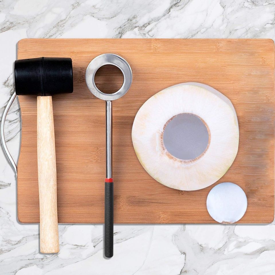 Premium Stainless Steel Coconut Opener Set with Rubber Mallet and Wood Handle Shell Cutter