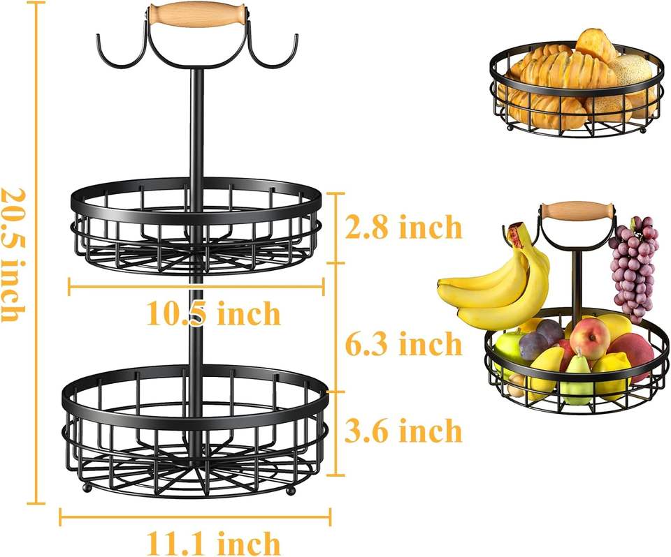 2-Layer Fruit Basket with Double Banana Hooks and Wooden Handles, Metal Wire Basket for Kitchen Countertop