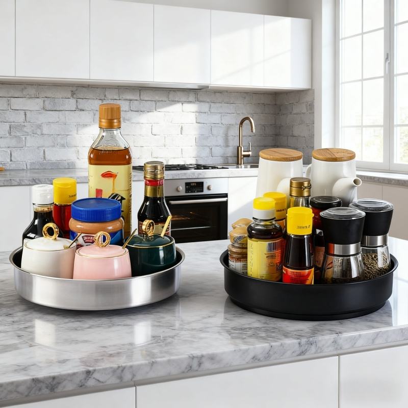 360° Rotating Stainless Steel Round Tray - Spice Organizer - Suitable for Cabinets, Countertops, Bathrooms, and Refrigerators