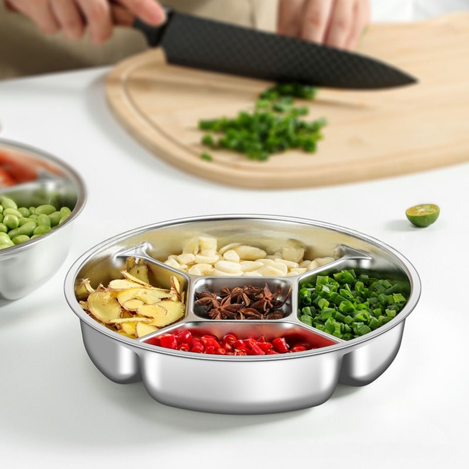 304 Stainless Steel Dip Box with 5 Compartments for Spices Soy Barbecue Sauces Snacks Restaurant or Home Use
