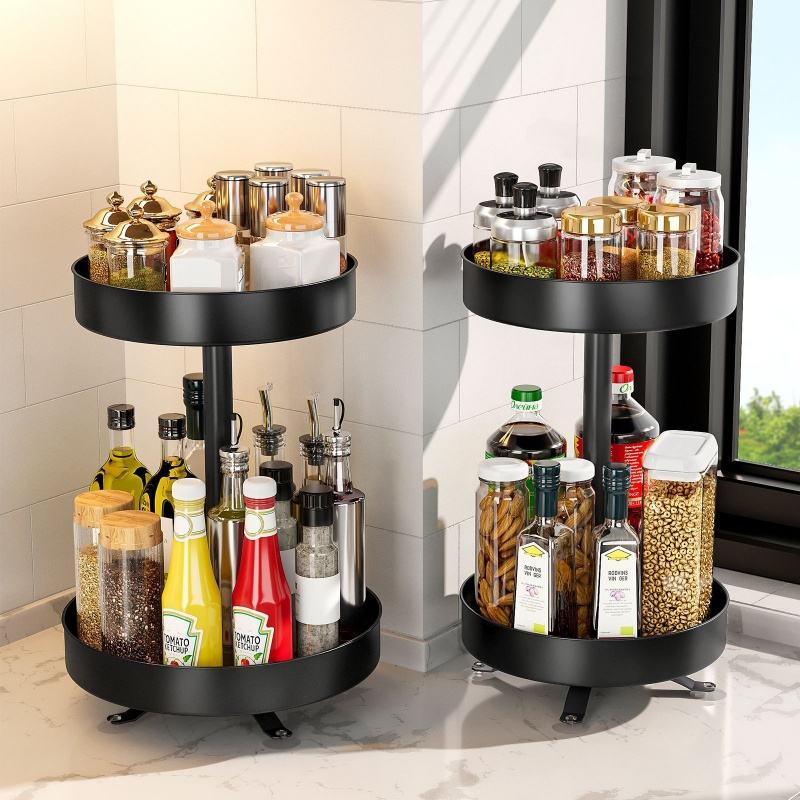 360° Rotating 2-Layer Metal Kitchen Organizer Spice Rack Multifunctional Home Storage Cabinet Shelf