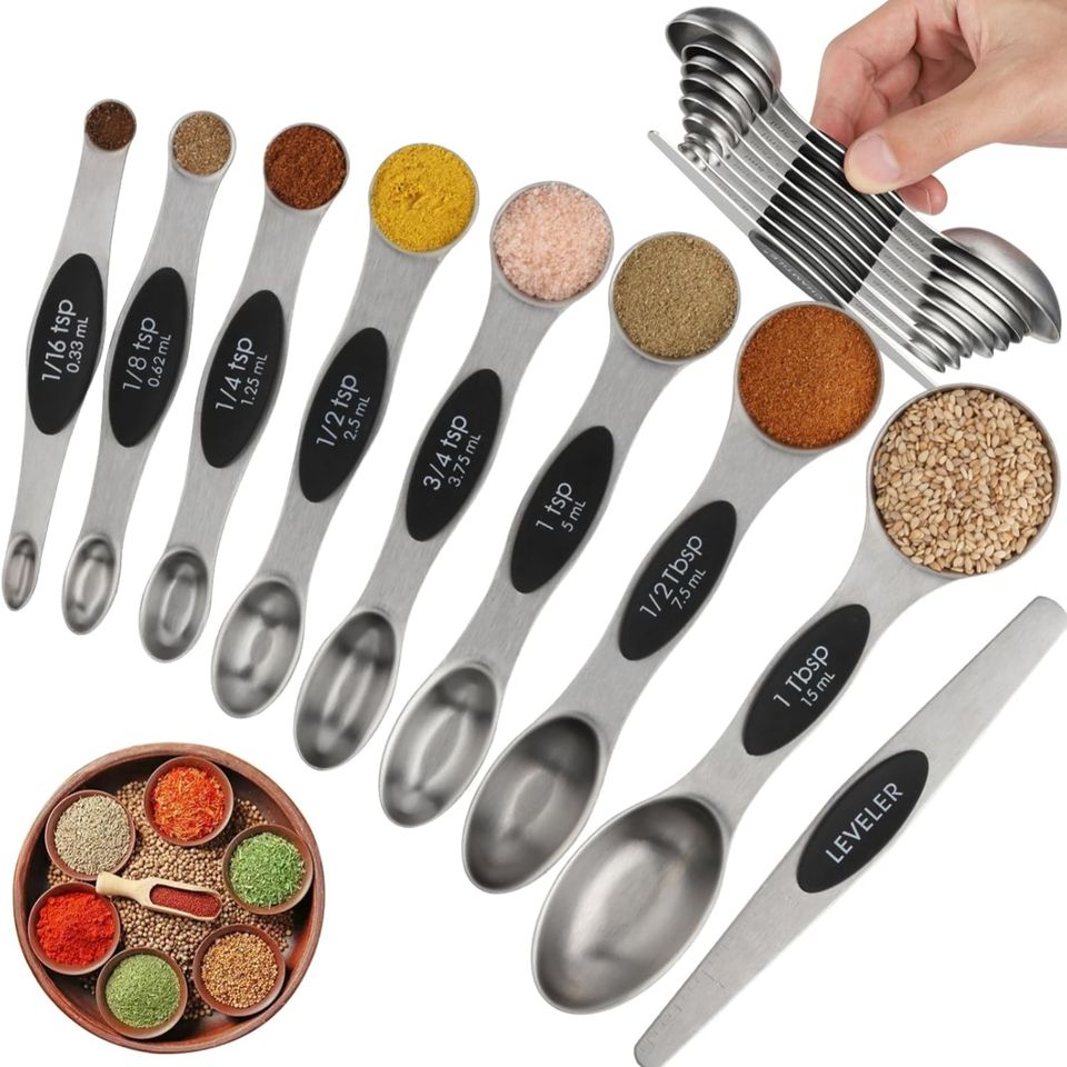 Double-Ended Magnetic Measuring Spoon Set, 9-Piece Black Handle Stainless Steel Dual-Sided Leveler for Cooking Baking