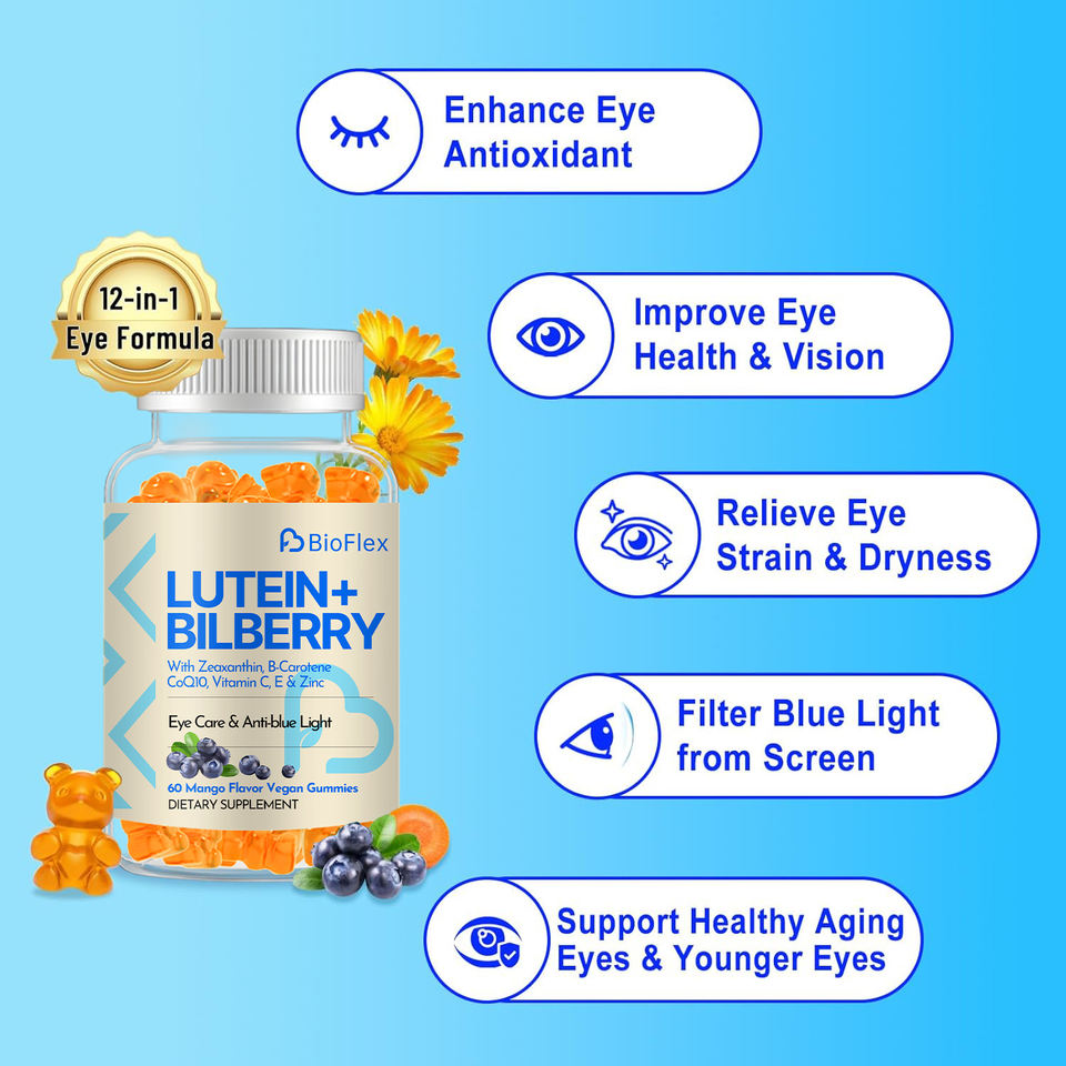 BioFlex Natural Mango Flavored Sugar-Free 12-in-1 Kids' Bear Gummies with Blueberry, Lutein, Bilberry, and Zeaxanthin Eye Health Supplements