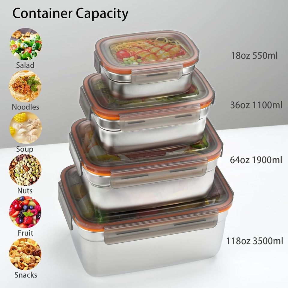 304 Stainless Steel Leak-proof Bread Storage Box Fresh Bento Container Transparent Lid Microwave-Safe 1/3/4 Pieces Multifunctional Food Storage