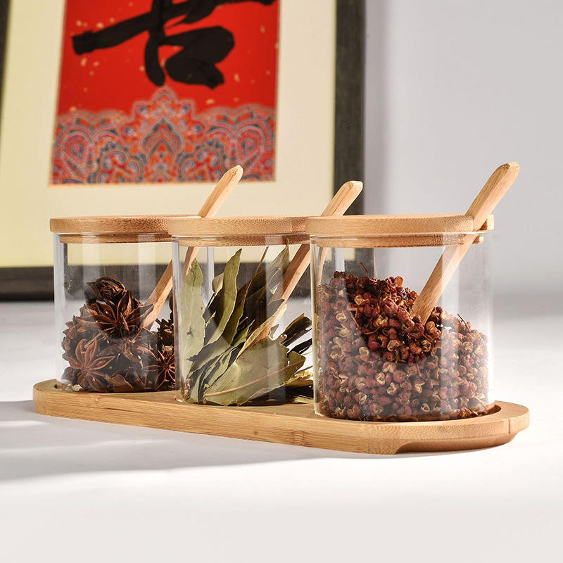 Japanese Glass Spice Jar Storage Set with Bamboo and Wooden Lid