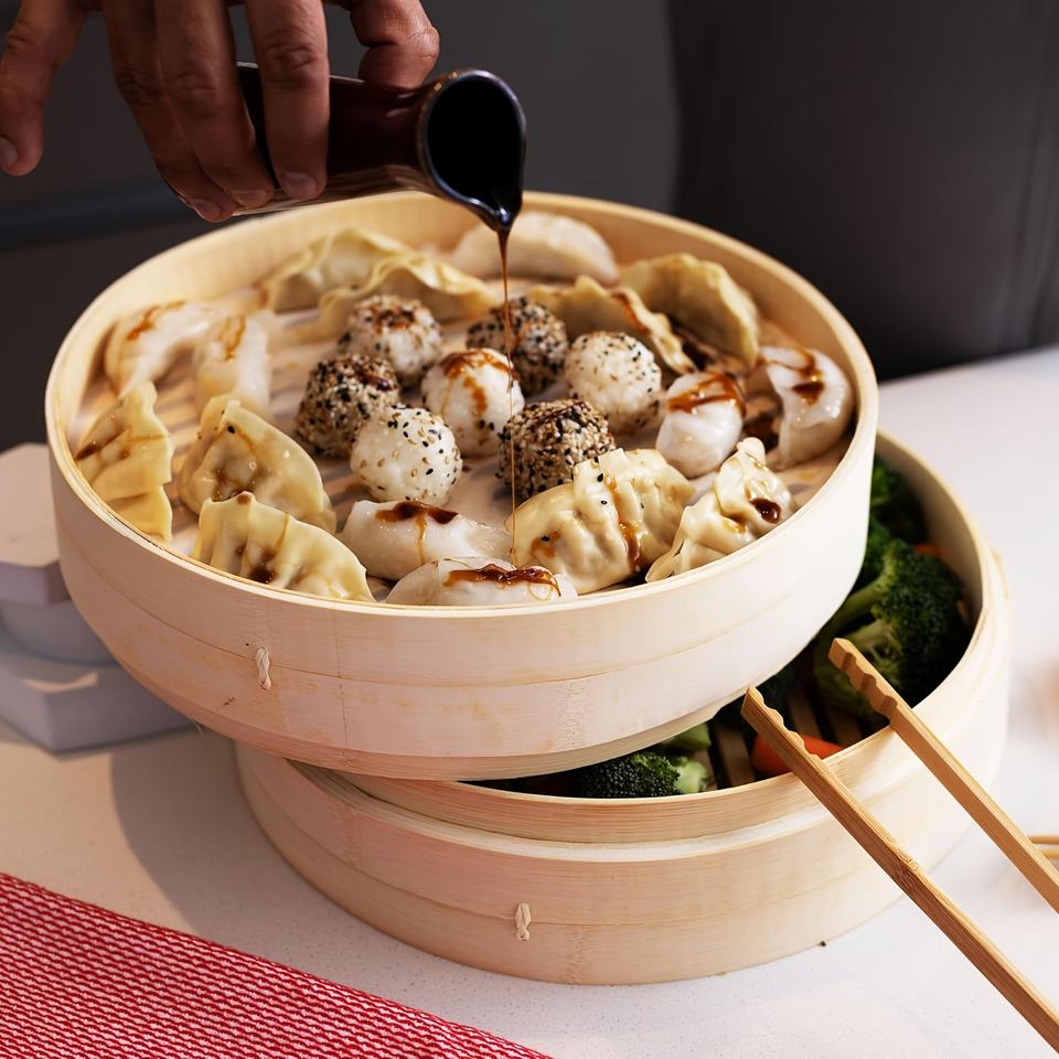 Bamboo Steamer Basket Set | 2 Tier Dumpling and Food Wood Steamer for Asian Cuisine
