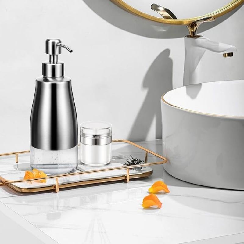 Stainless Steel Non-Slip Soap Dispenser with Glass Insert, Hand Pump for Kitchen/Bathroom - Refillable, 300 ml Capacity