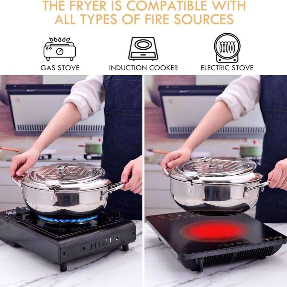 Multifunctional Stainless Steel Oil Fryer Pan with Thermometer 1-2L Capacity