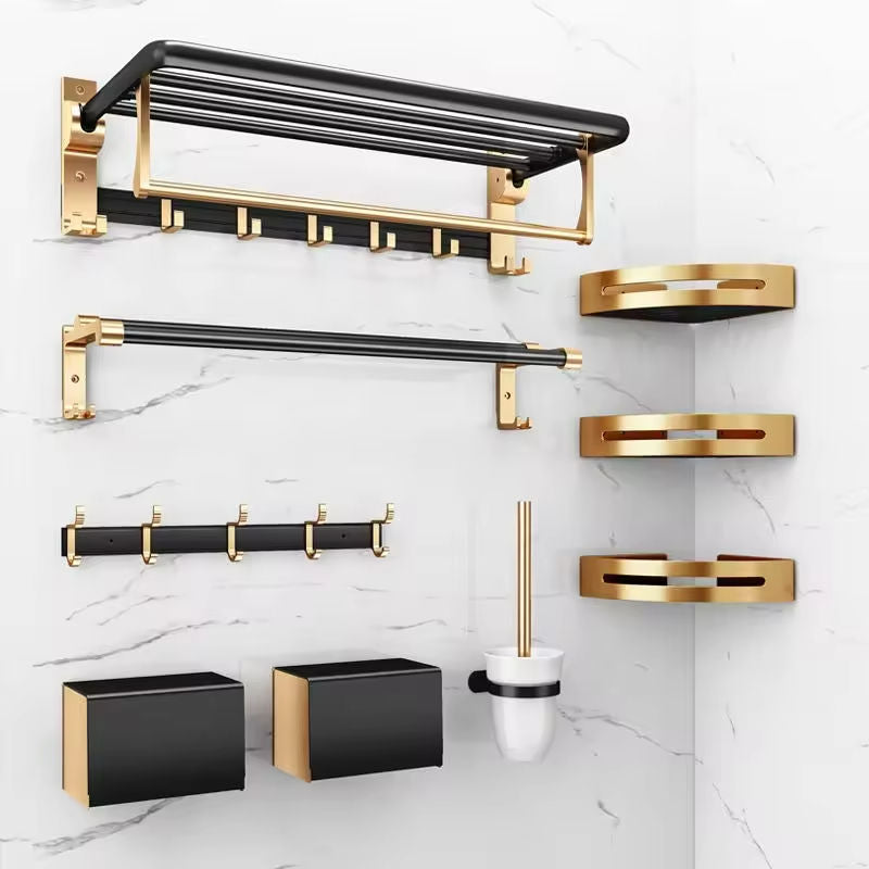 9-Piece Aluminum Folding Storage Rack Hardware Set in Black and Gold Towel Holder Shelf Bathroom Shelves