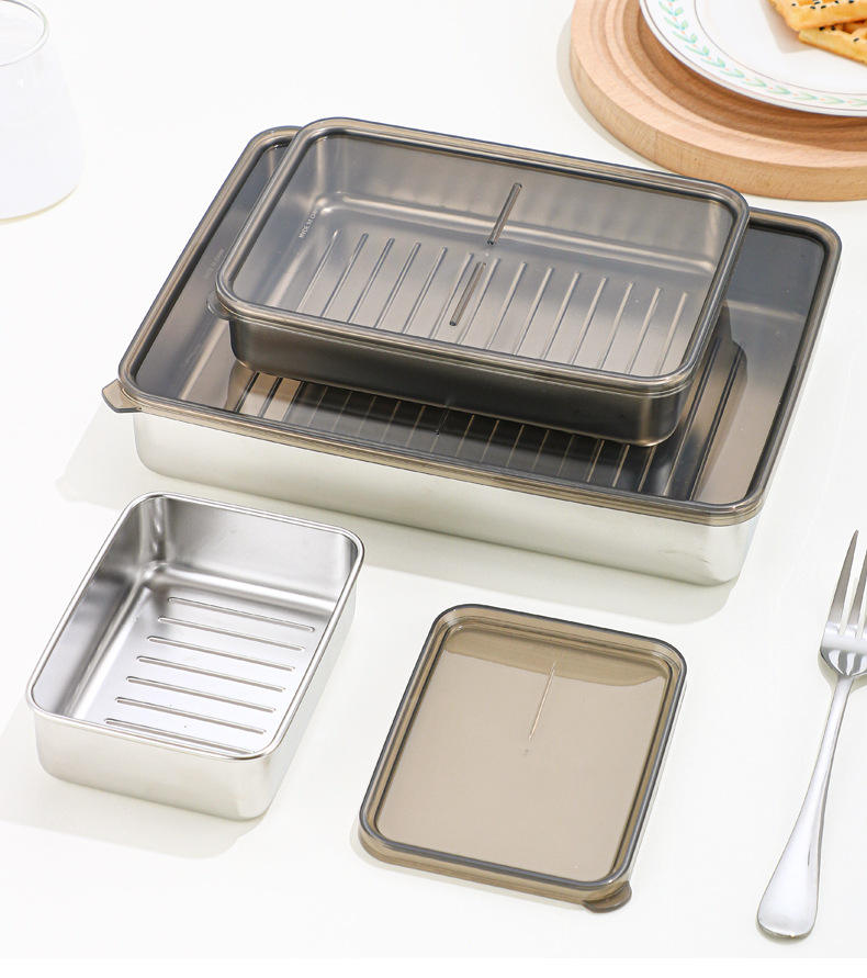 Stainless Steel 304 Kitchen Fresh-keeping Box Airtight Food Container with Transparent Lid Storage Box for Vegetables/Meat/Fruit