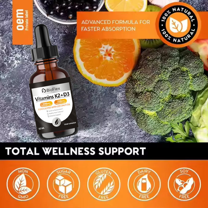 Private Label Vitamin D3 K2 10,000 IU MK7 Liquid Drops with Coconut Oil