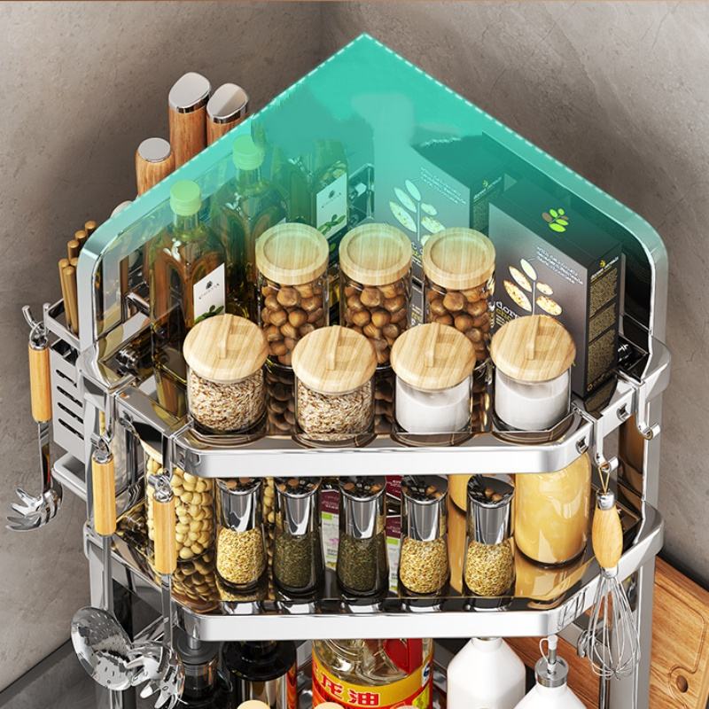 Metal Kitchen Spice Rack Corner Spice Storage Shelf Spice Glass Organizer for Home Accessories
