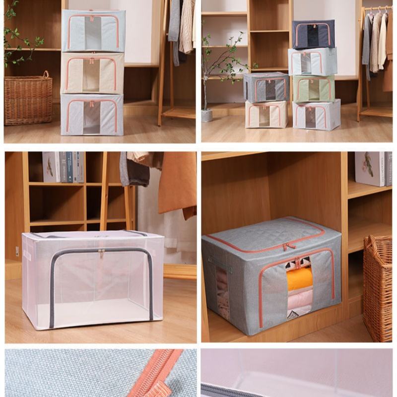 Large Capacity Foldable Fabric Storage Organizer Bag Waterproof Linen Steel Frame Closet Clothes Storage Box Set