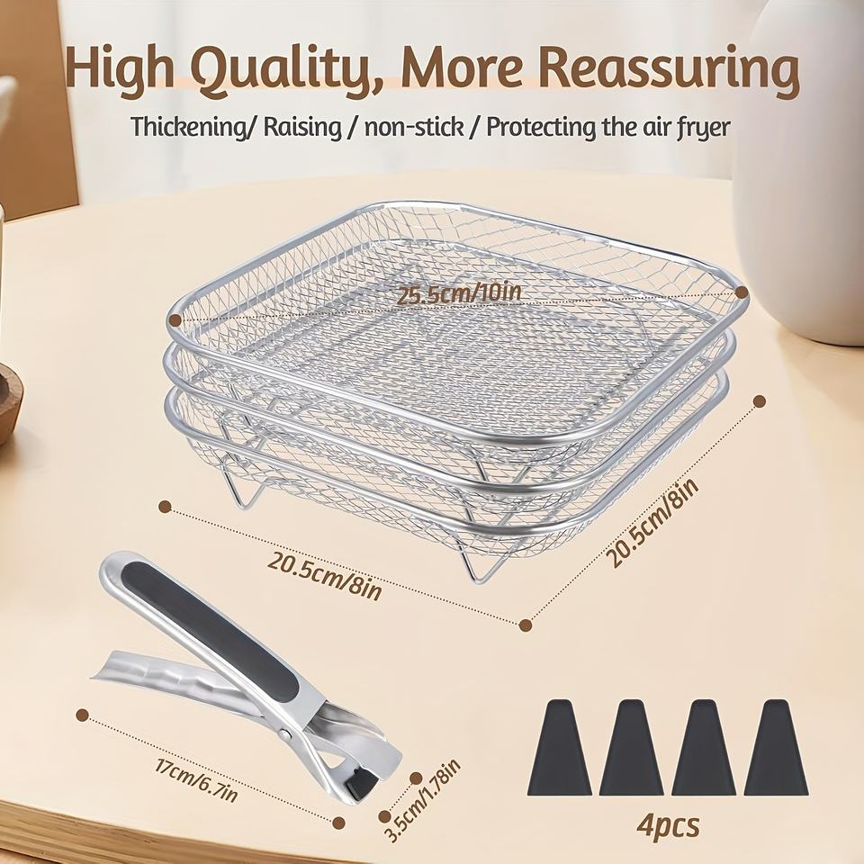 Stackable Hot Air Fryer Basket with Silicone Feet and 1 Pair of Tongs, Accessory Basket for Air Fryers, Ovens, and Pressure Cookers