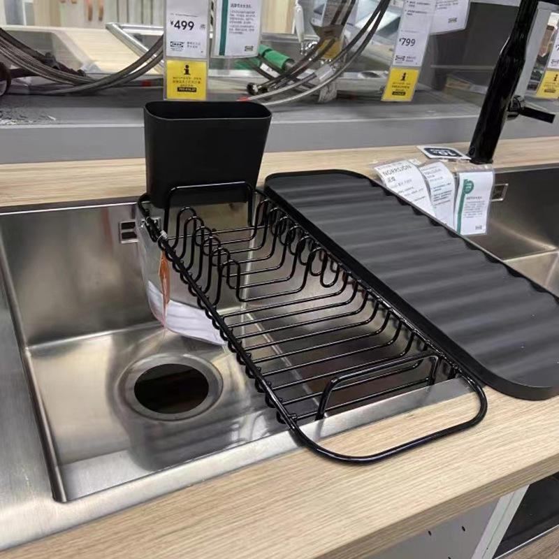 Multifunctional Dish Drying Rack with Draining Board, Removable Cutlery Holder, and Drip Trays