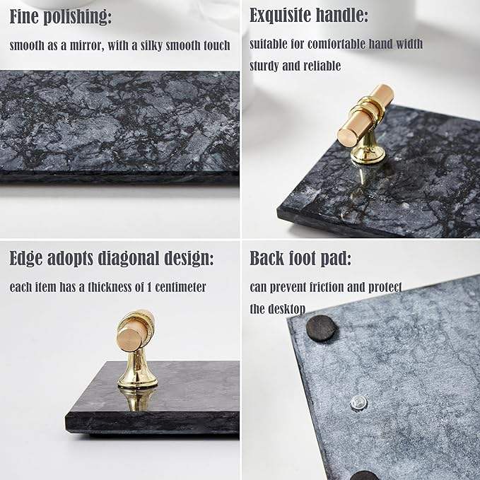 12" Marble Tray Napkin and Towel Organizer with Golden Handles