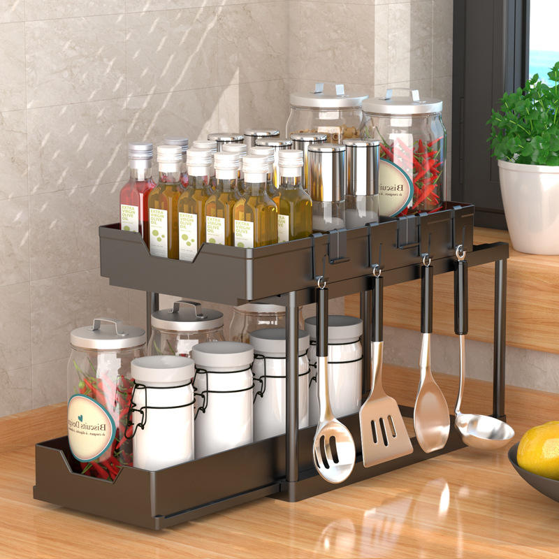 Double Sliding Cabinet Basket Storage Rack with Hooks - Multifunctional Cabinet Storage Shelf Suitable for Household Kitchens