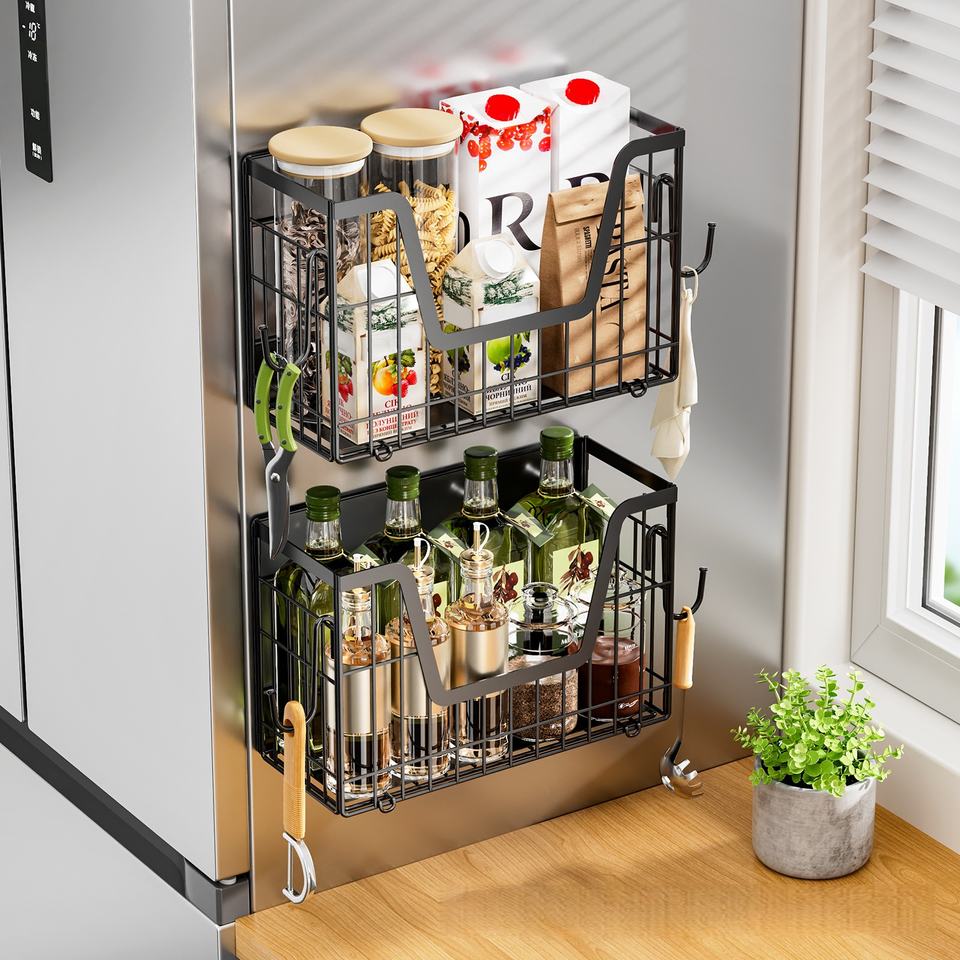 Magnetic Fridge Hook Foldable Refrigerator Side Shelf Wrap & Condiment Storage Basket Kitchen Magnetic Shelf
