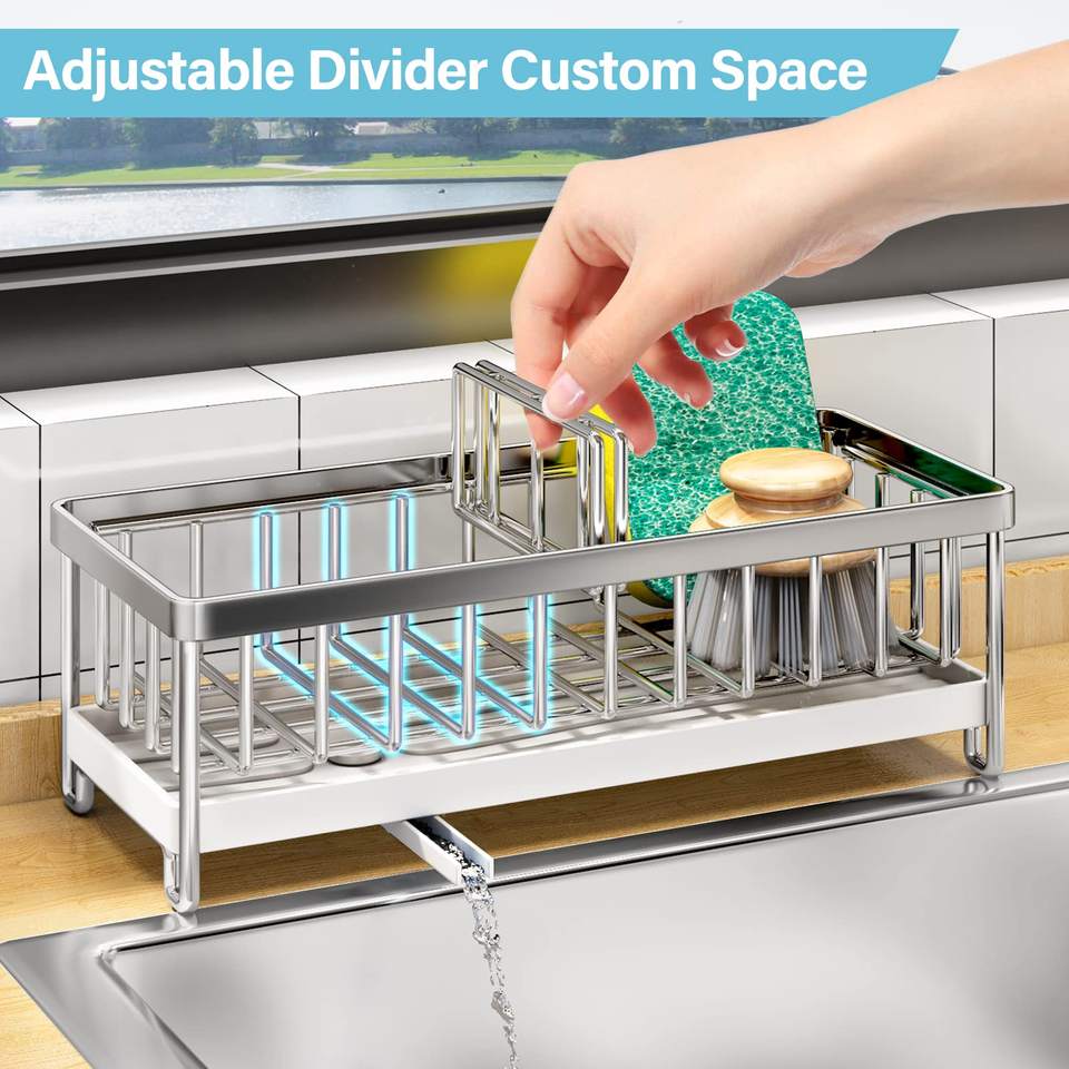 Kitchen Sink Caddy Stainless Steel Sponge Holder for Sink Countertop Brush Organizer