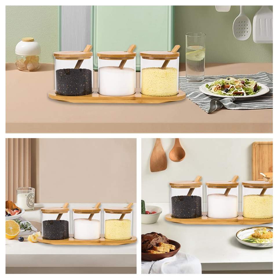 Spice Glass Kitchen Set with Lid Salt and Pepper Containers Food Storage Box with Spoons