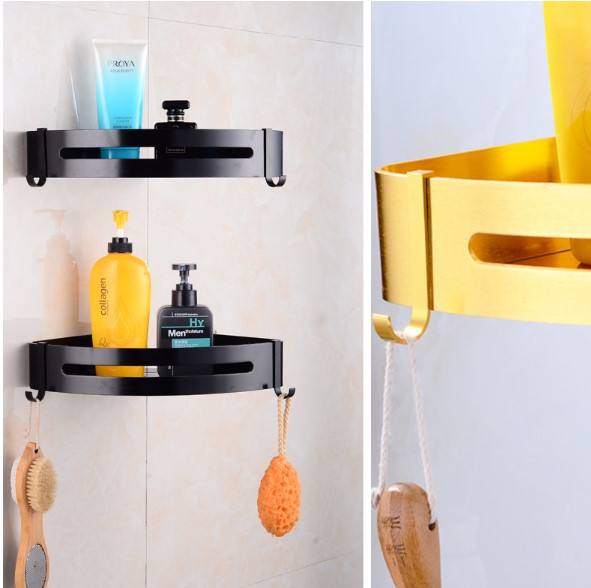 Aluminum Shower Caddy Shelf with Hooks for Bathroom Kitchen Storage Organizer Adhesive No Drilling