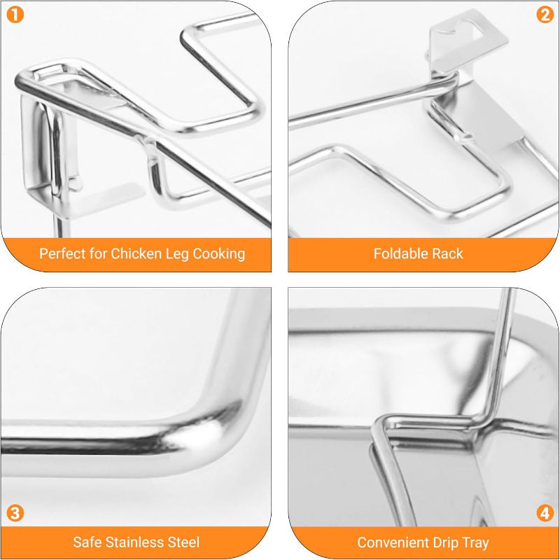Stainless Steel Folding Chicken Leg Rack with Drip Pan - Ideal for Outdoor BBQs