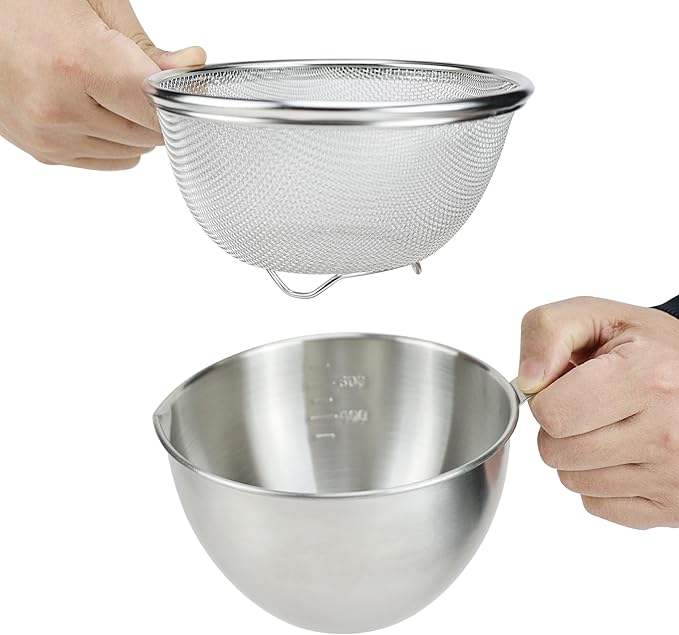 Stainless Steel Mixing Bowl with Kitchen Drain Basket, Sieve Bowl, Baking Mold, Measuring Cup with Handle