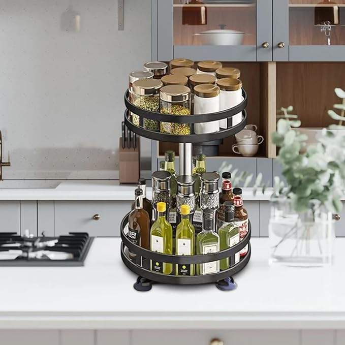 Adjustable 2-Layer Metal Storage Container, 360° Rotating Vertical Cabinet, Multi-Functional Spice Rack