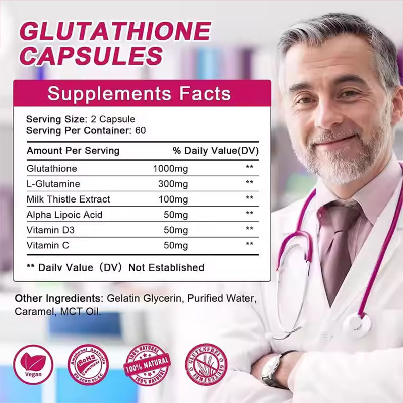 OEM 1000mg Glutathione Softgel Supplement for Skin Lightening with L-Glutamine, Milk Thistle, Alpha-Lipoic Acid, Vitamin C, and D3