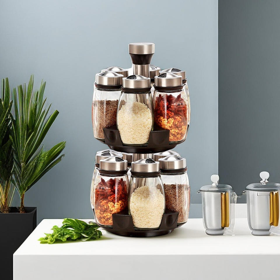 360-Degree Rotating Spice Rack with 6/12 Polished Metal Glass Organizers for Pepper Salt Spice Set Seasoning Lover