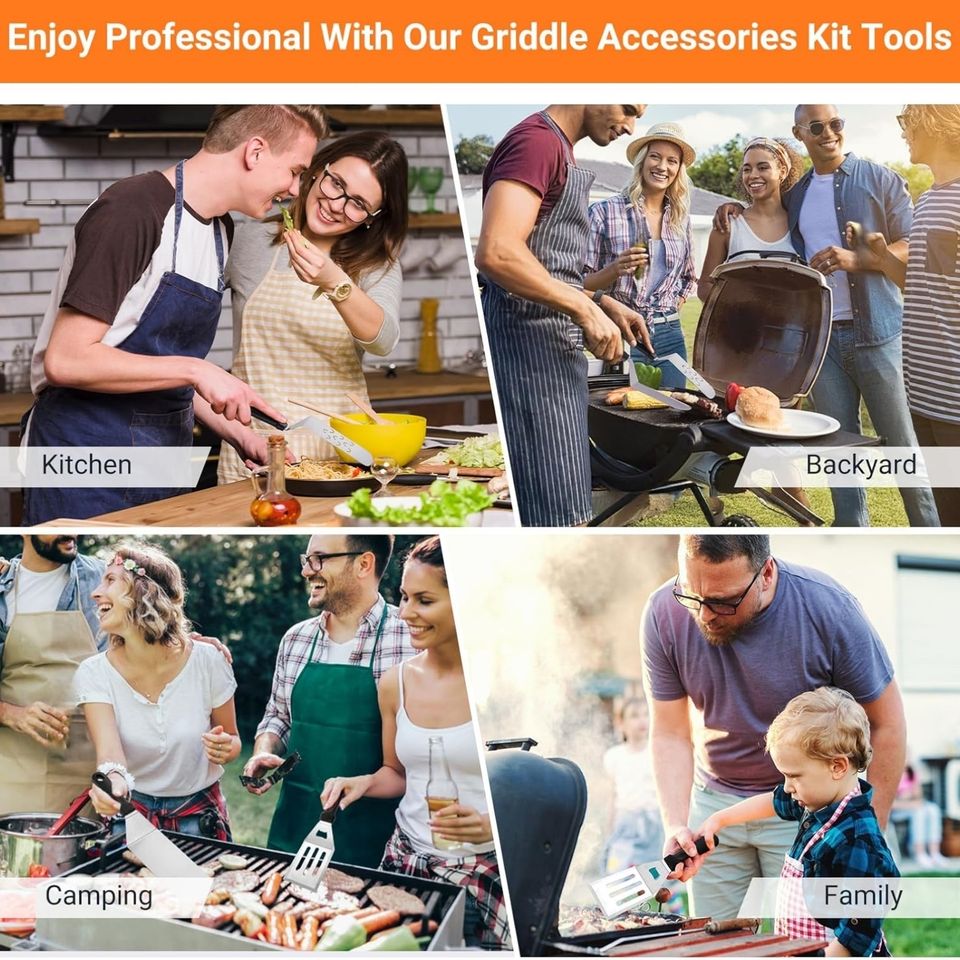 Stainless Steel BBQ Tool Set with Iron Plate Grill Spatula for Camping and Cooking