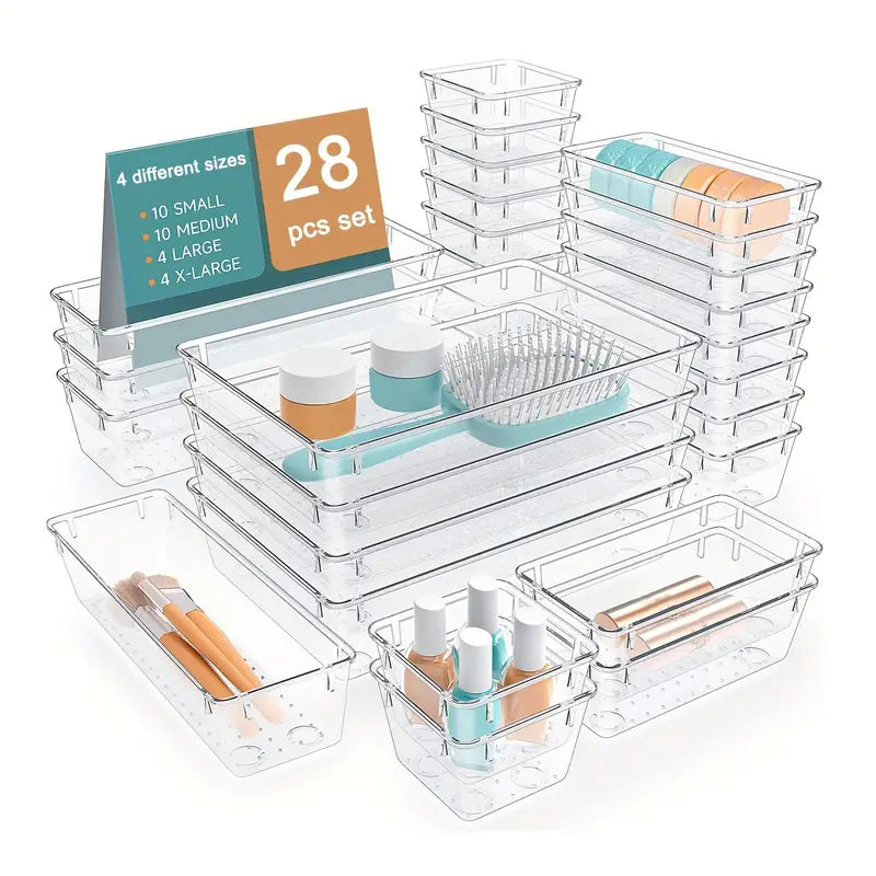 28-Piece Set Multifunctional Transparent Drawer Organizer for Spices and Cutlery