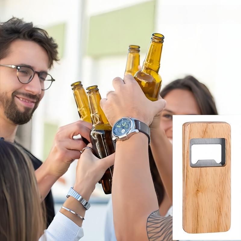 Rectangular Wood Flat Bottle Opener with Laser Engraved Design